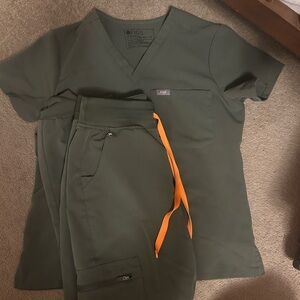 FIGS Olive Green Scrub Set with Orange Drawstring